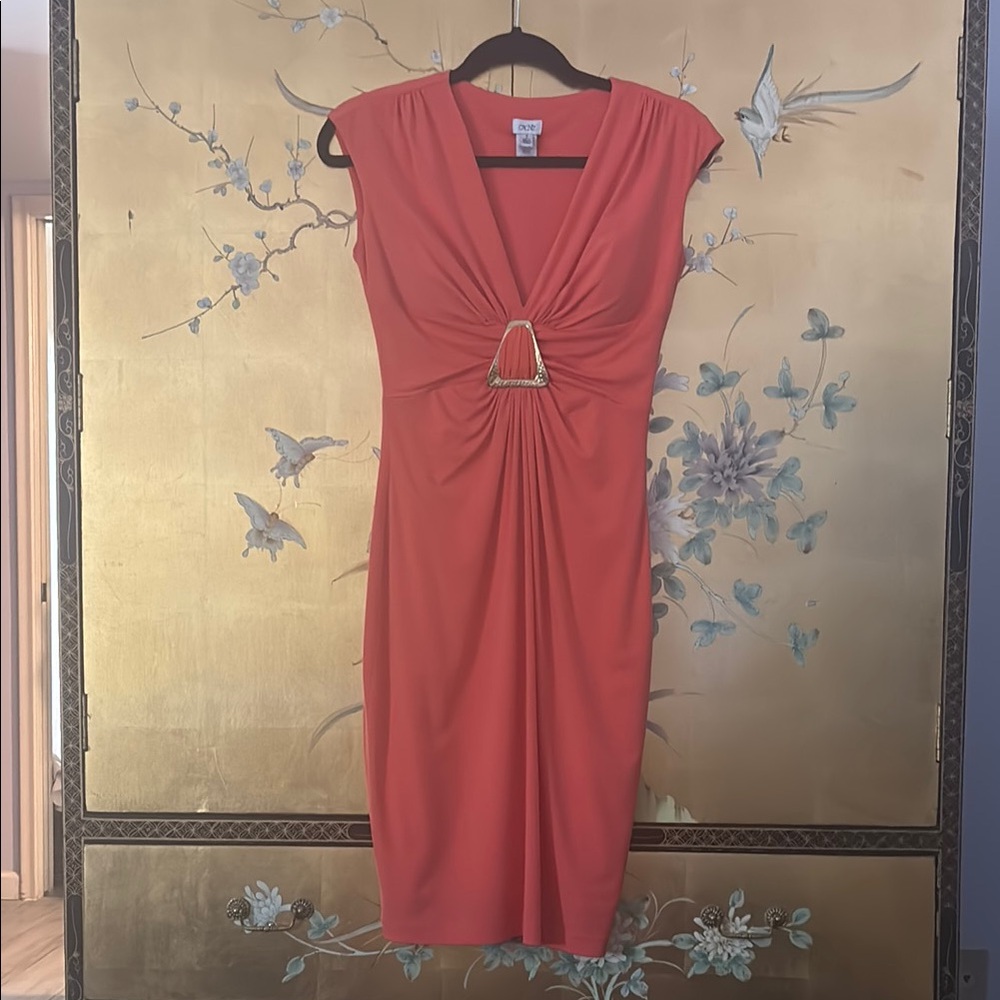 Cache Pink Ruched Sheath Midi Dress Plunge Neckline
